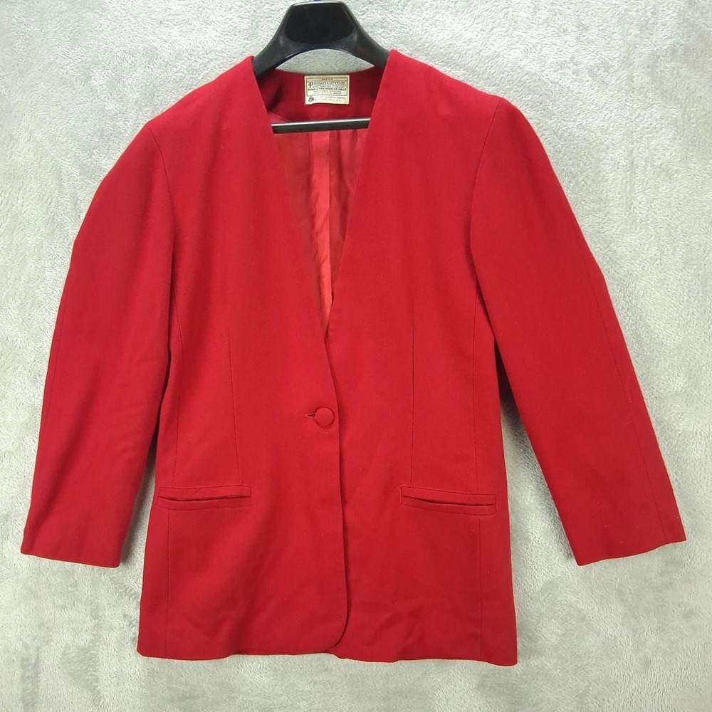 Vintage Pendleton Red Virgin Wool Collarless Blazer Jacket Womens 8 Made in USA